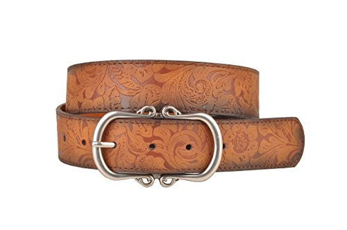 Tan Leather Belt with Floral Embossment and Silver Belt Buckle