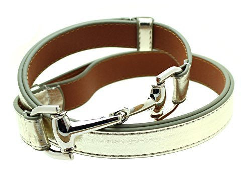 Womens Thin Skinny Metal Tone Leather Belt Horsebit Buckle - Adjustable Size 27