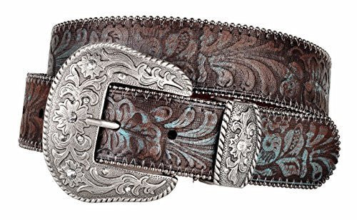 Western Scroll Buckle with Turquoise Tinted Embossed Brown Leather Belt