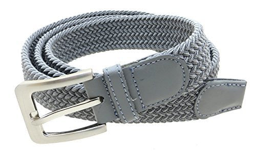 Mens Braided Elastic Stretch Belt Leather Tipped End and Silver Metal Buckle