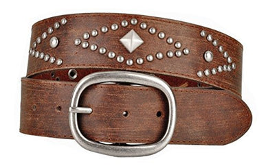 Womens Brown Leather Belt with Round and Pyramid Metal Studs Oval Buckle
