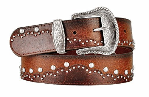 Womens Dual Layer Brown Leather Belt Round Metal Stud Pattern Large Western Buckle