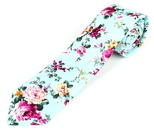 Men's Cotton Skinny Necktie Tie Bright Colorful Flower and Leaf Pattern - 2 1/2